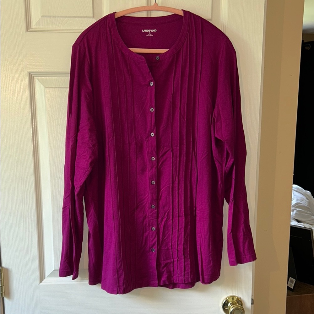 Lands' End Pink Relaxed Button Down pink Shirt with Mandarin Collar